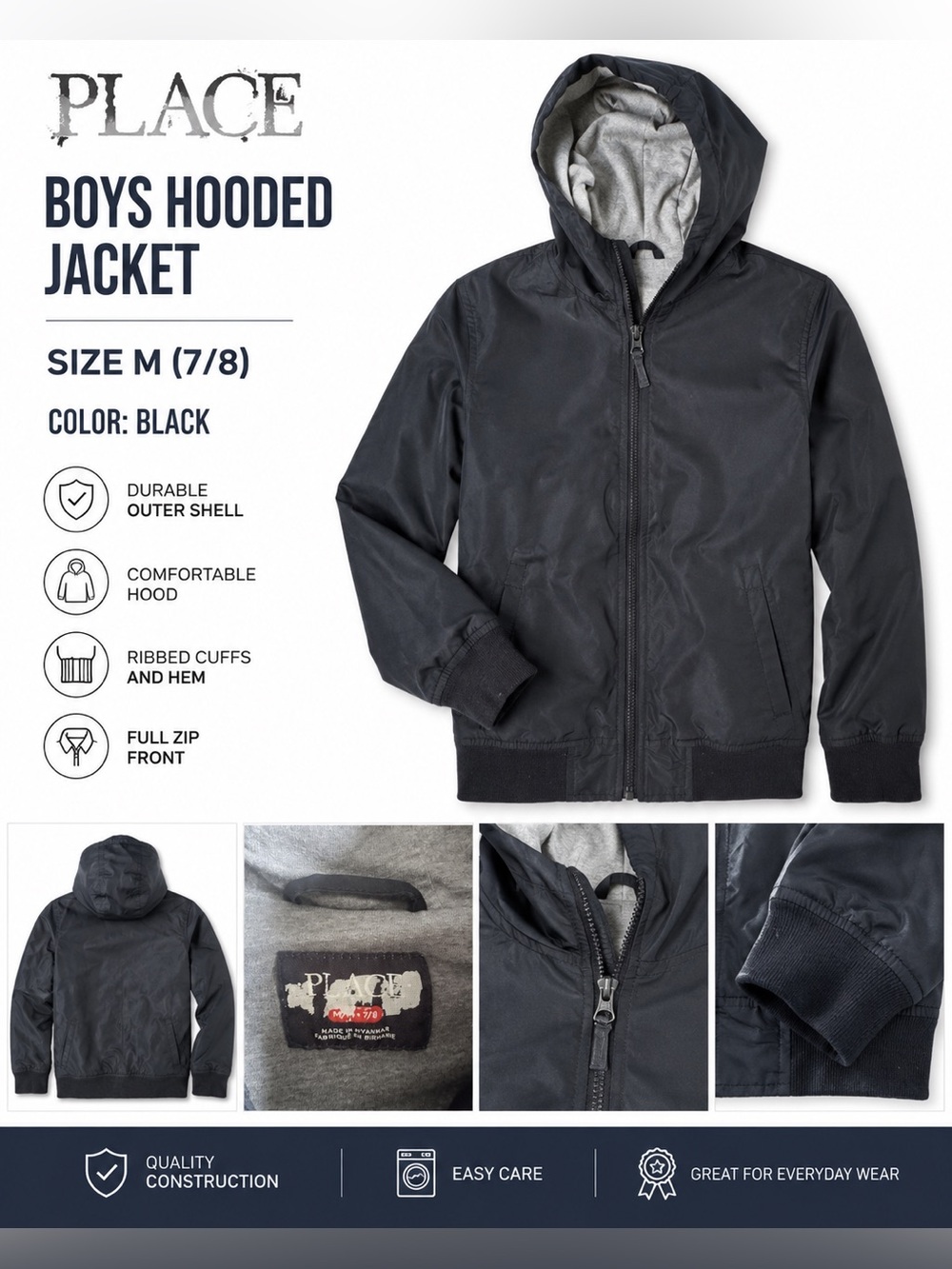 Place Black Hooded Windbreaker Jacket with Gray Lining